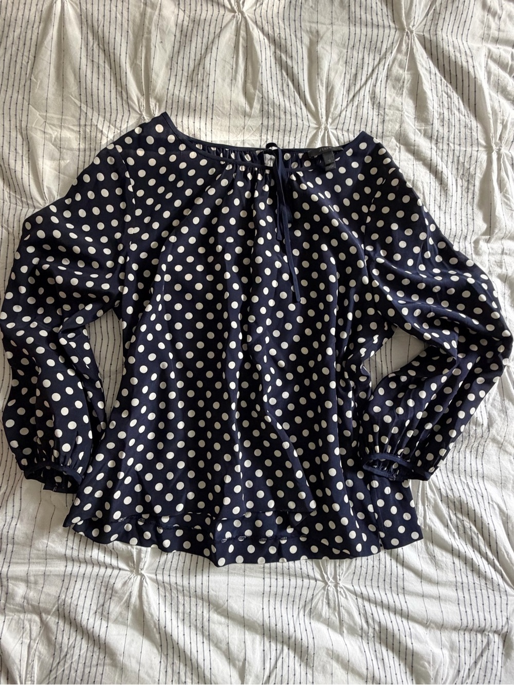 J. Crew Navy and White Polka Dot Peasant Blouse